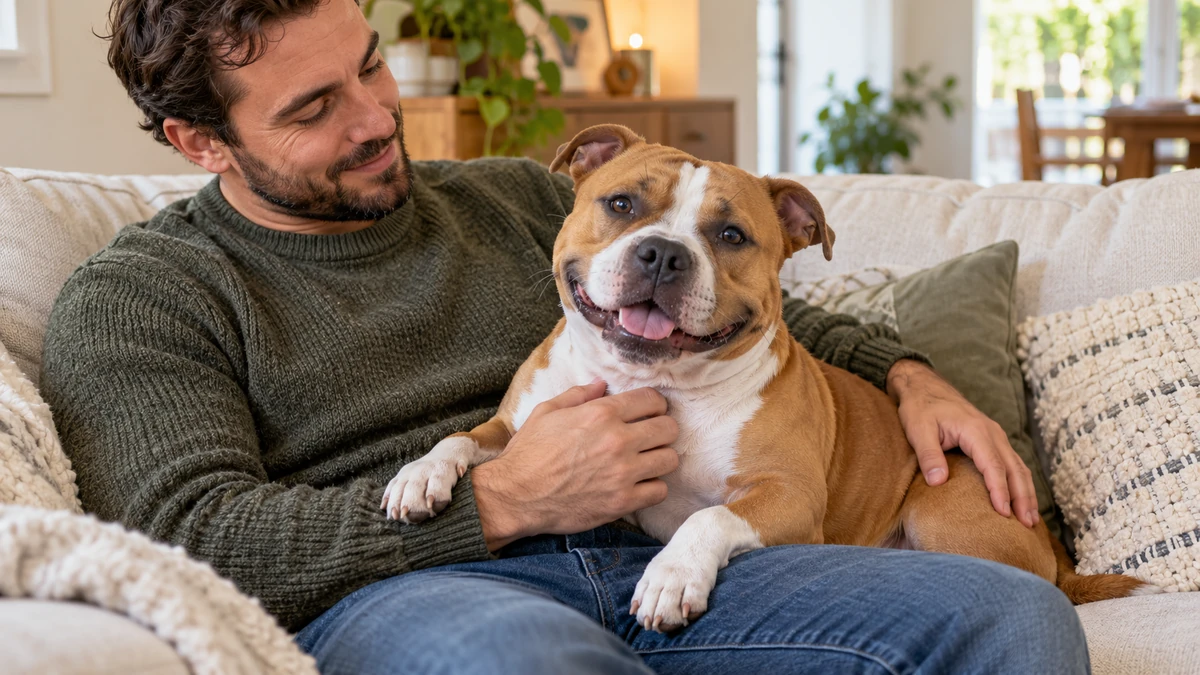 İngiliz Staffordshire köpek — sahibinin kucağında