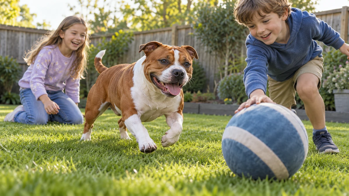 İngiliz Staffordshire köpek — çocuklarla oyun