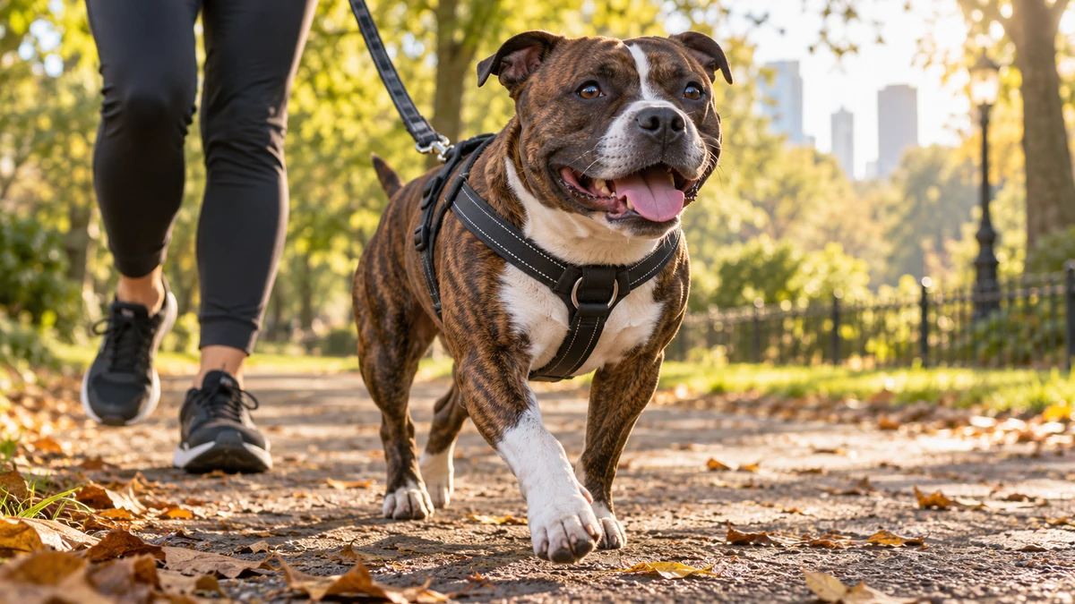 İngiliz Staffordshire köpek — parkta yürüyüş ve egzersiz